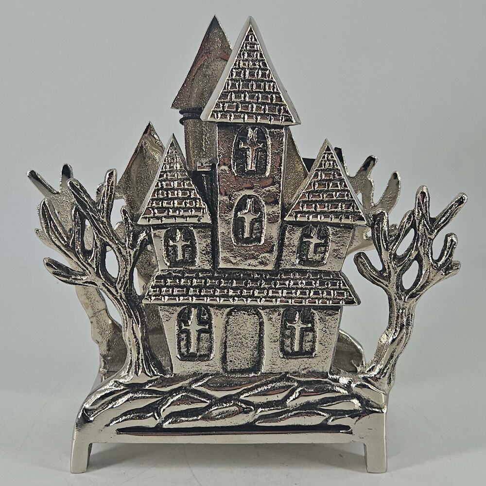 Halloween silver metal haunted house mansion or castle napkin holder